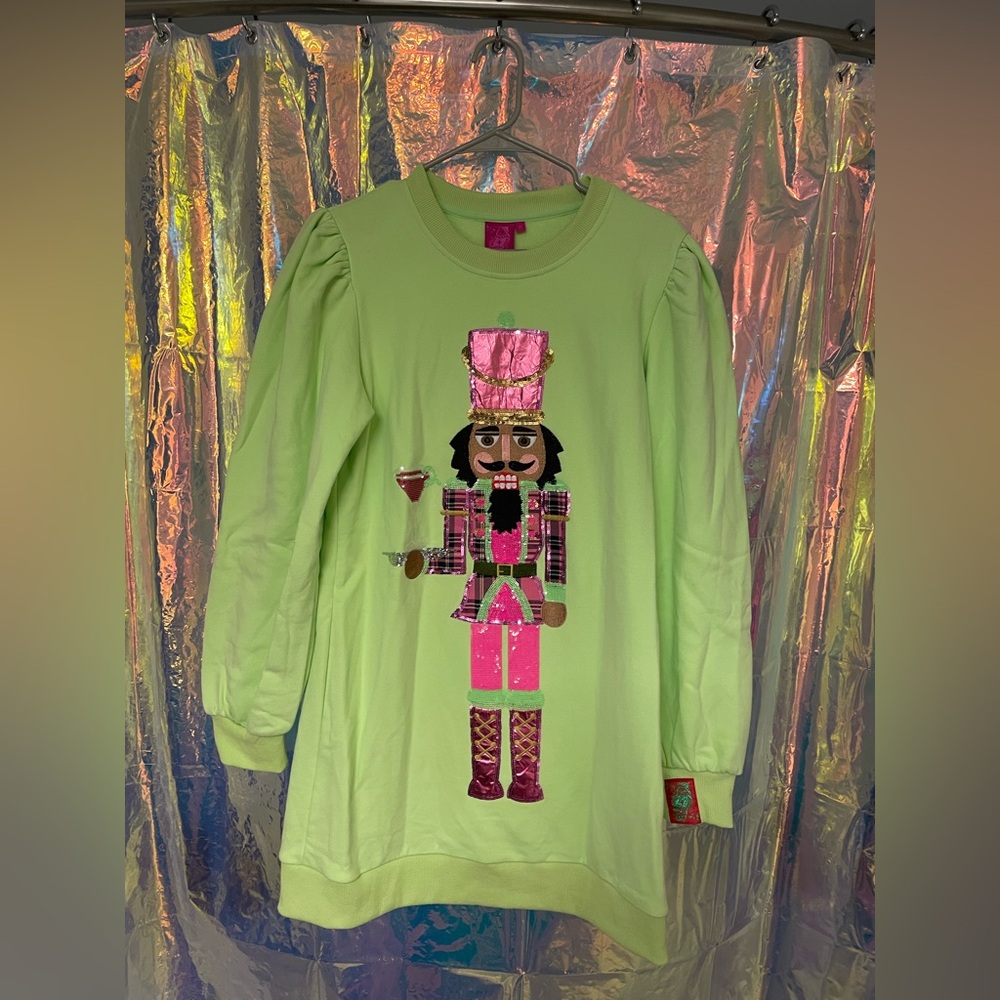 QOS Green & Pink Cocktail Serving Nutcracker Sweatshirt Dress